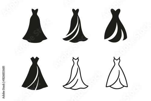 Elegant Fashion Icons. Fashion for special occasions (weddings, galas). Icon set. Set Logo of Fashion for special occasions (weddings, galas): wedding gown