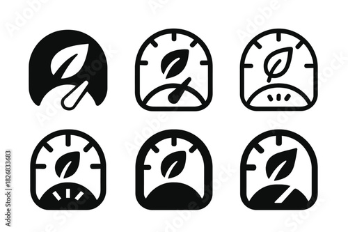 Carbon Footprint App Logos. Personal carbon footprint tracking apps. Icon set. Set Logo of personal carbon footprint tracking apps: dashboard with leaf and CO?