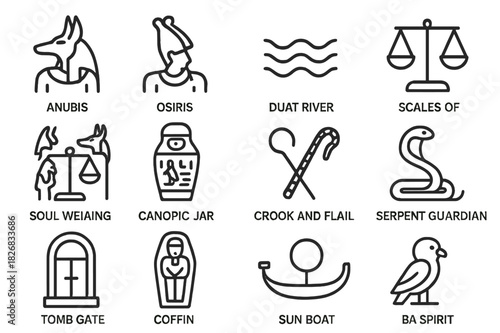 Egyptian Underworld Line Icons. Egyptian underworld. Line icon set of Egyptian underworld: Anubis, Osiris, Duat River, Scales of Ma?at, Soul Weighing, Canopic