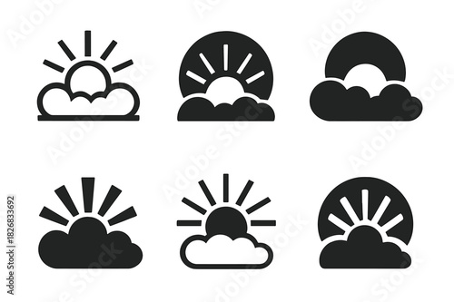 Sunlight Logo Variations. Light through clouds. Icon set. Set Logo of light through clouds: sun rays over horizon. harmonious logo variations of the same