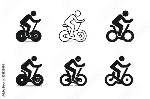Cycling Icon Set. A person practicing indoor cycling, focused on endurance and intensity. Icon set. Set Logo of A person practicing indoor cycling, focused on