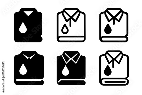 Stained Shirt Logos. Stained shirt. Icon set. Set Logo of stained shirt: drip mark on folded shirt. harmonious logo variations of the same emblematic concept,