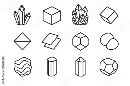 Mineral Icon Set. Mineral specimens. Line icon set of mineral specimens: quartz crystal, pyrite cube, amethyst cluster, calcite rhomboid, fluorite octahedron,