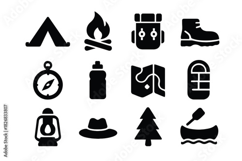 Summer Camp Icons. Summer Camp. Solid icon set of tent, campfire, backpack, hiking boots, compass, water bottle, map, sleeping bag, lantern, hat, tree, canoe.