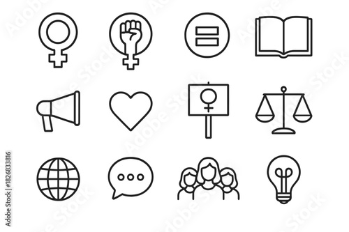 Feminist Icon Set. Feminist theory. Line icon set of feminist theory: Venus symbol, raised fist, equality sign, book, megaphone, heart, protest sign, balance