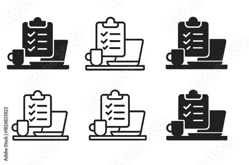 Morning Checklist Icons. Planning the workday with a morning checklist. Icon set. Set Logo of planning the workday with a morning checklist: organized desk