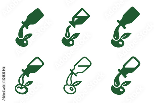 Pouring Olive Oil Icons. pouring olive oil. Icon set. Set Logo of pouring olive oil: drizzle motion. harmonious logo variations of the same emblematic concept,