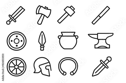 Bronze Age Icons. Bronze inventions. Line icon set of bronze inventions: sword, axe, hammer, chisel, shield, spearhead, bronze pot, anvil, wheel, helmet,