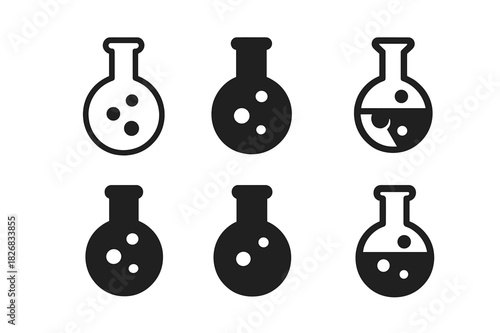 Flask Icon Variations. Flasks. Icon set. Set Logo of flasks: round-bottom laboratory flask. harmonious logo variations of the same emblematic concept, each
