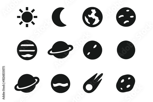 Celestial Icons Grid. Celestial bodies. Solid icon set of celestial bodies: sun, moon, earth, mars, jupiter, saturn, venus, mercury, uranus, neptune, comet,