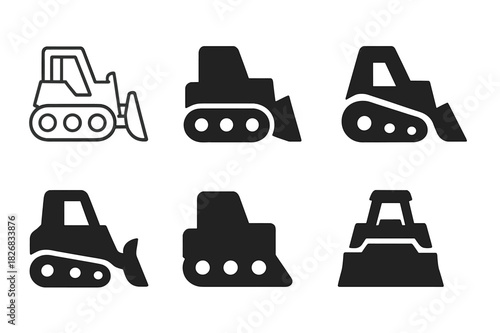Bulldozer Logo Variations. Bulldozer. Icon set. Set Logo of bulldozer: bulldozer pushing dirt. harmonious logo variations of the same emblematic concept