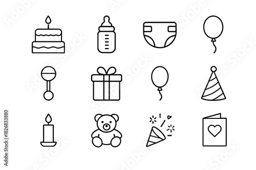 Baby Milestone Icons. Baby milestone celebration. Line icon set of Baby milestone celebration: cake, baby bottle, diaper, pacifier, rattle, gift box, balloon,