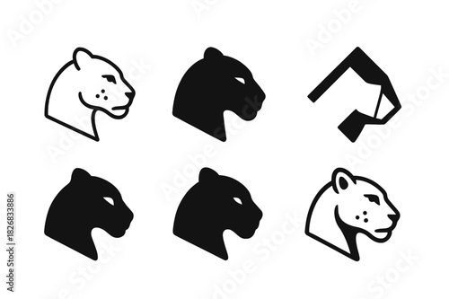 Jaguar Logo Variations. Rainforest animals. Icon set. Set Logo of jaguar. harmonious logo variations of the same emblematic concept (Minimal outline, Filled