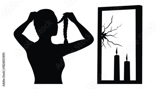 Silhouette of woman with braid and candles in window black and white