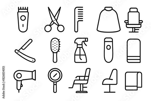Haircut Tool Icons. Hair clipper and scissors. Line icon set of Hair clipper and scissors: hair clipper, scissors, comb, barber cape, razor, hairbrush, spray