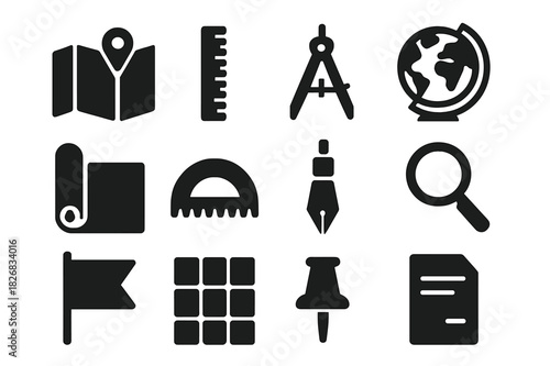 Cartography Icon Set. Cartography. Solid icon set of cartography: map, ruler, compass, globe, protractor, paper roll, drawing pen, magnifying glass, flag,