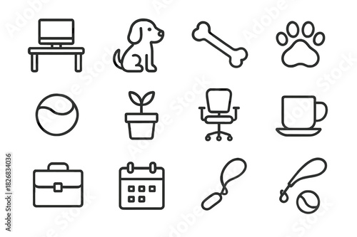 Office Dog Icons. Office dog. Line icon set of office dog: desk, computer, dog, bone, paw print, ball, plant, chair, coffee cup, briefcase, calendar, leash.