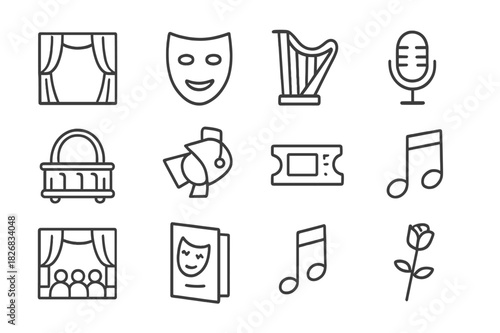 Opera Icons Line Art. Opera stage. Line icon set of opera stage: curtain, mask, harp, microphone, balcony, spotlight, ticket, music note, stage, audience,