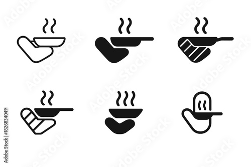 Home Cooking Icons. Home cooking. Icon set. Set Logo of home cooking: open recipe book beside spice jars. harmonious logo variations of the same emblematic