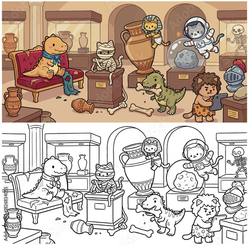 Cute Kawaii Animals Dinosaur Museum Coloring Page and Scene. Chibi Mascot History.