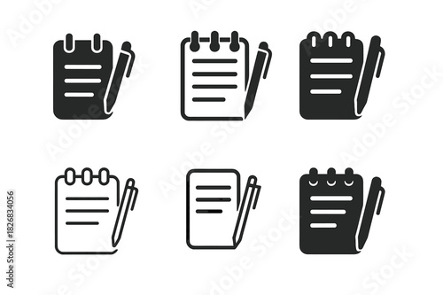 Notepad Icon Grid. order notepad. Icon set. Set Logo of order notepad: pad with pen icon. harmonious logo variations of the same emblematic concept, each with