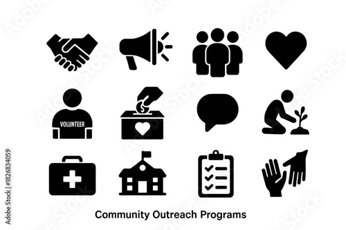 Community Icon Set. Community Outreach Programs. Solid icon set of handshake, megaphone, group of people, volunteer, donation box, heart, speech bubble,