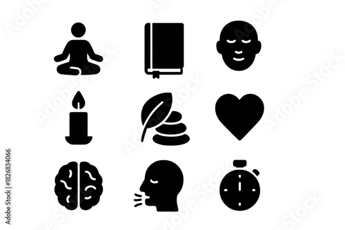 Mindful Lifestyle Icons. Mindful lifestyle. Solid icon set of Mindful lifestyle: meditation pose, lotus position, journal, calm face, candle, nature leaf, zen