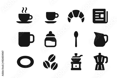 Morning Coffee Icons. Morning coffee ritual. Solid icon set of morning coffee ritual: coffee cup, espresso, croissant, newspaper, mug, sugar jar, teaspoon,