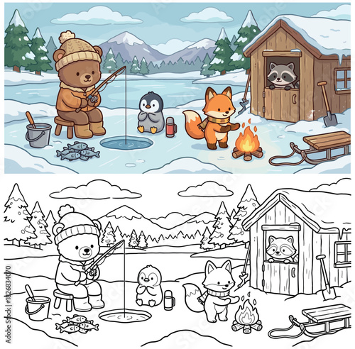 ute Kawaii Animals Ice Fishing Coloring Page and Scene. Chibi Mascot Winter Activity.