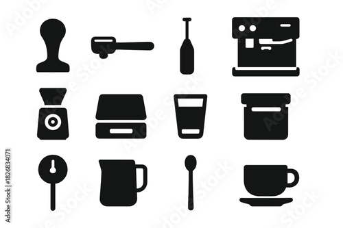 Barista Tools Icons. Barista tools. Solid icon set of barista tools: tamper, portafilter, milk frother, espresso machine, grinder, scale, shot glass, knock