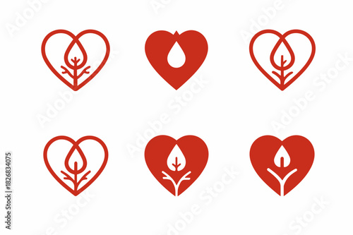 Diverse Blood Logos. Blood. Icon set. Set Logo of blood: heart and vein flow. harmonious logo variations of the same emblematic concept, each with different
