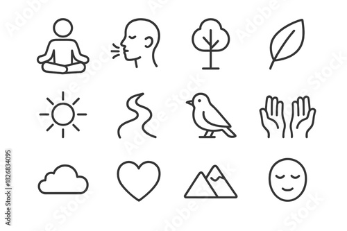 Mindful Outdoors Icons. Mindful outdoors. Line icon set of mindful outdoors: meditating person, breathing symbol, tree, leaf, sun, river, bird, open hands,