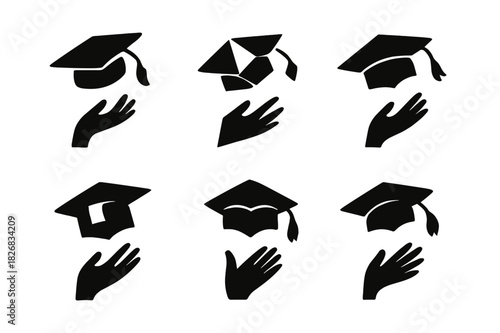 Graduation Cap Icons. Graduation cap toss. Icon set. Set Logo of graduation cap toss: cap silhouette in motion. harmonious logo variations of the