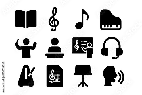 Music Education Icons. Music education. Solid icon set of music education: book, treble clef, note, piano, conductor, student, board, headset, metronome, sheet