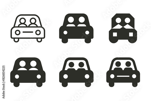 Travel Logo Variations. Traveling together. Icon set. Set Logo of two people in a car. harmonious logo variations of the same emblematic concept (Minimal