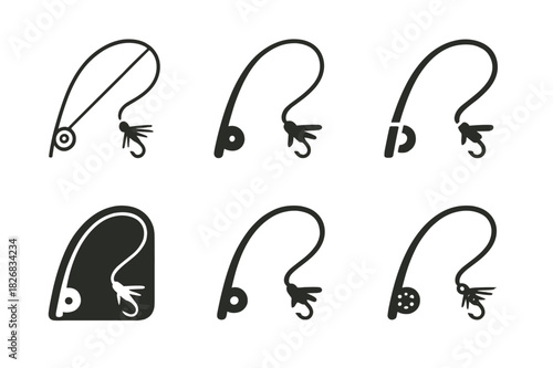 Fly Fishing Logos. Fly fishing and outdoor adventure. Icon set. Set Logo of wading boots. harmonious logo variations of the same emblematic concept (Filled