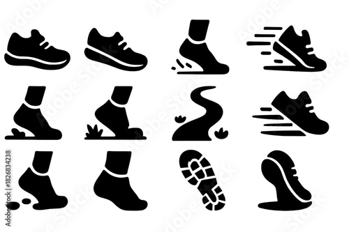 Running Shoe Icons. Motion Running. Solid icon set of running shoes, sneakers, foot striking ground, trail path, motion lines, socks, dirt, grass, pebble,