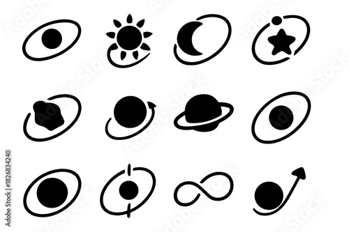 Planetary Orbit Icons. Planetary Orbits. Solid icon set of Planetary Orbits: orbit line, planet, sun, moon, star, asteroid, trajectory, ring, ellipse, shadow,