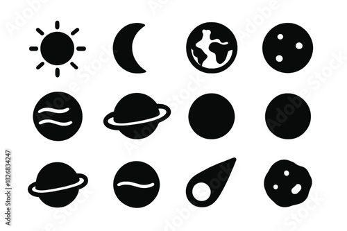 Celestial Icons Grid. Celestial bodies. Solid icon set of celestial bodies: sun, moon, earth, mars, jupiter, saturn, venus, mercury, uranus, neptune, comet,