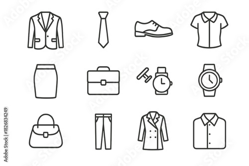 Business Attire Icons. Business attire. Line icon set of business attire: suit jacket, necktie, dress shoe, blouse, pencil skirt, briefcase, cufflinks,