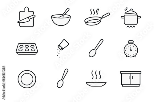 Cooking Steps Icons. Cooking steps. Line icon set of cooking steps: chopping board, mixing bowl, frying pan, boiling pot, baking tray, seasoning shaker,