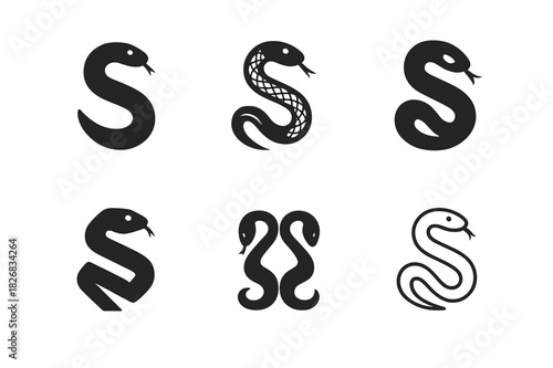 Snake Logo Variations. Snake. Icon set. Set Logo of snake: Snake winding in S-shape. harmonious logo variations of the same emblematic concept, each with