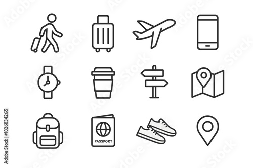 Traveler Icon Set. Traveler on the go. Line icon set of traveler on the go: person walking, suitcase, airplane, phone, watch, coffee cup, road sign, map,