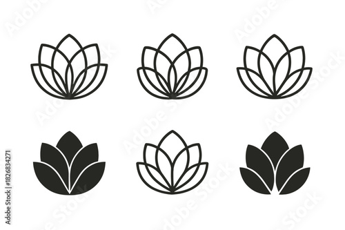 Petal Emblem Variations. Layers unfolding. Icon set. Set Logo of petals opening. harmonious logo variations of the same emblematic concept (Abstract geometric,