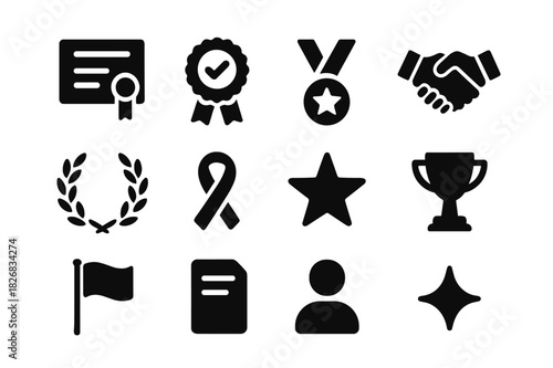 Honor Icons Set. Honor and recognition. Solid icon set of honor and recognition: certificate, badge, medal, handshake, laurel wreath, ribbon, star, trophy,