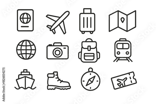 Cultural Traveler Icons. Cultural Travelers. Line icon set of Cultural Travelers: passport, airplane, suitcase, map, globe, camera, backpack, train, cruise