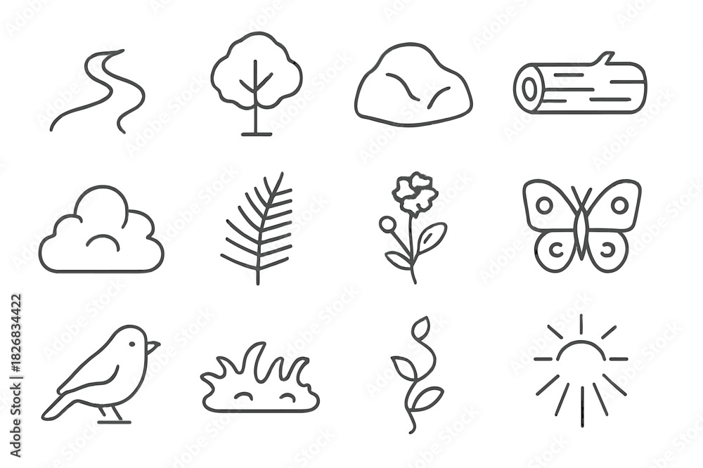 Obraz premium Nature Trail Icons. Nature Trail. Line icon set of Nature Trail: dirt path, tree, rock, fallen log, bush, fern, wildflower, butterfly, bird, moss, vine,