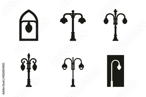 Streetlight Logo Variations. Streetlights at night. Icon set. Set Logo of streetlights: urban lamppost silhouette. harmonious logo variations of the same