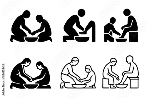 Cultural Hygiene Icons. Cultural approaches to hygiene. Icon set. Set Logo of cultural hygiene: ritual foot washing. harmonious logo variations of the same