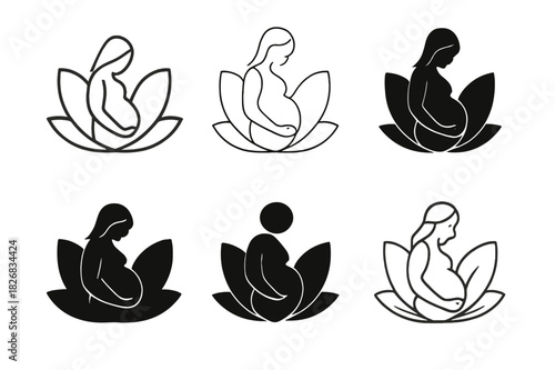 Childbirth Icon Set. childbirth. Icon set. Set Logo of childbirth: blooming flower symbol. harmonious logo variations of the same emblematic concept, each with